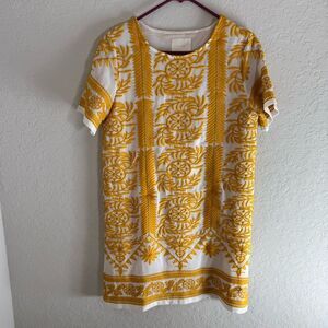 All Row Yellow Embroidered Short Sleeve Mini Shift Dress Size S